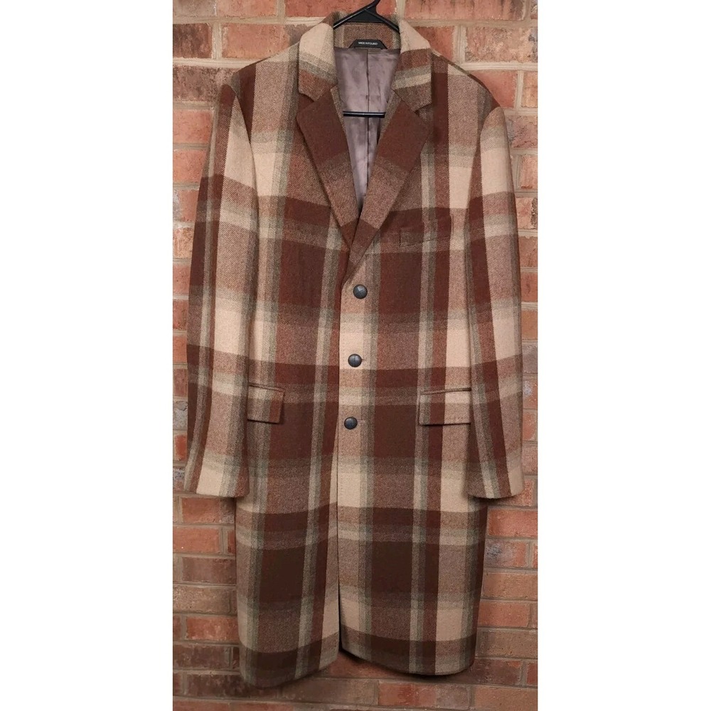 Hugo Boss Macho 3 Button Wool Plaid Overcoat Jacket Mens 40 R Brown